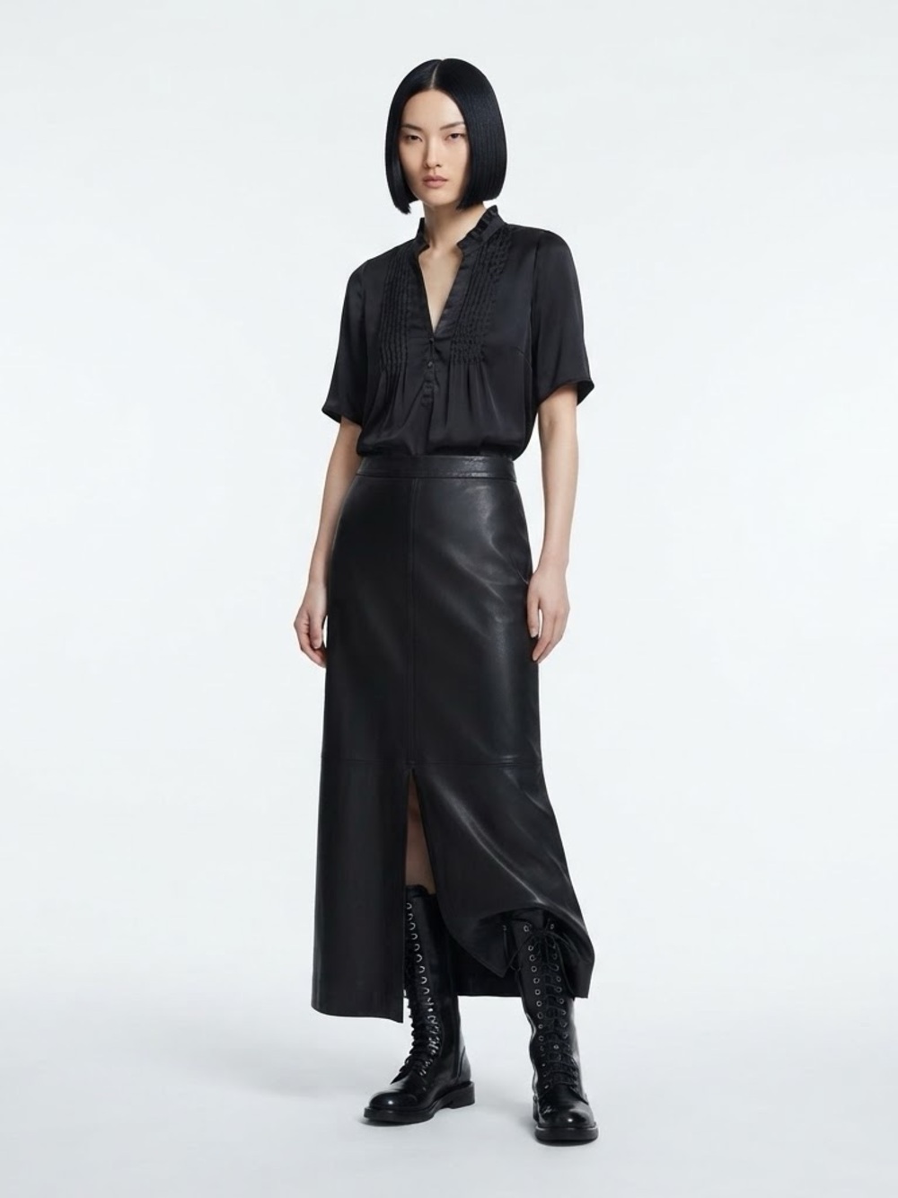 Tahari Black Blouse Ruffled Collar Pin-Tuck Pleated Short Sleeve Sheer Top L